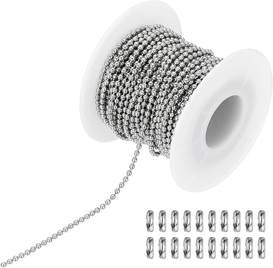 PATIKIL 10m/32.8ft Beaded Ball Chain, 2mm Stainless Steel Pull Chain Extension with 20 Pcs Connectors for Tag Chain, Keychain Rings, DIY Crafts, Silver