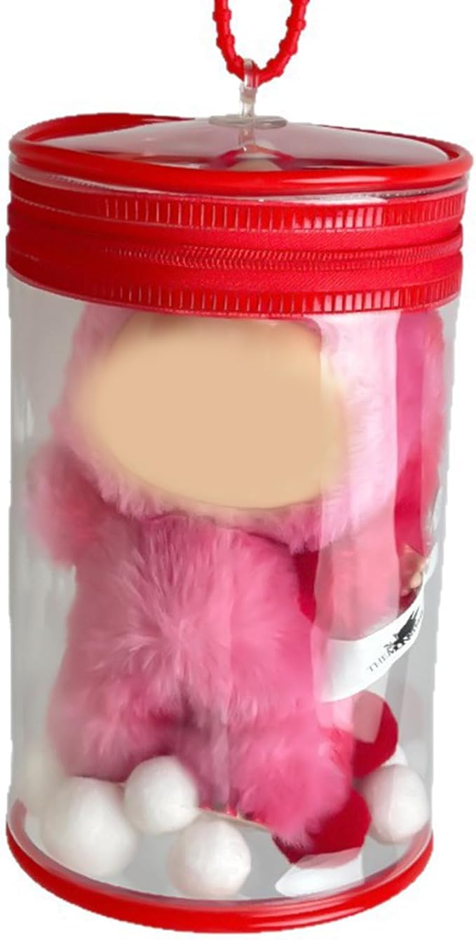 Clear Display & Storage Case for 17&15cm Plush Doll PVC Bag with Detachable Keychain for Collectible Toys and Cosmetics, Portable cases for Travel or Home Decor (red)