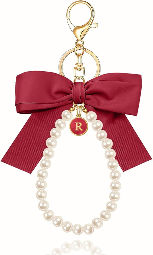 XGALBLA Initial Letter Cute Coquette Bow Keychain for Women, Wristlet Simulated Pearl Keychains Bag Charms for Handbags