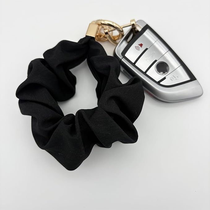 Scrunchie Wristlet Keychain for Women Men, Cute Stretchy Wrist KeyChain for Car Keys with 3 Keyrings and 1 D ring
