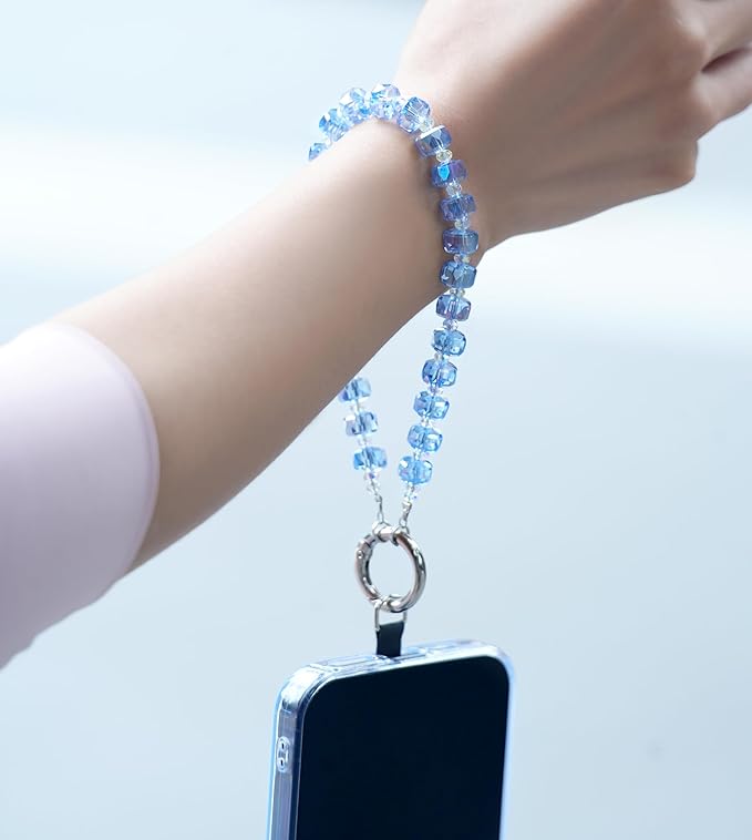 Crystal Beaded Phone Wrist Strap Glass Beads Bracelet Lanyard Crystal Chain Cell Phone Wristlet Strap for Women (Water Blue)