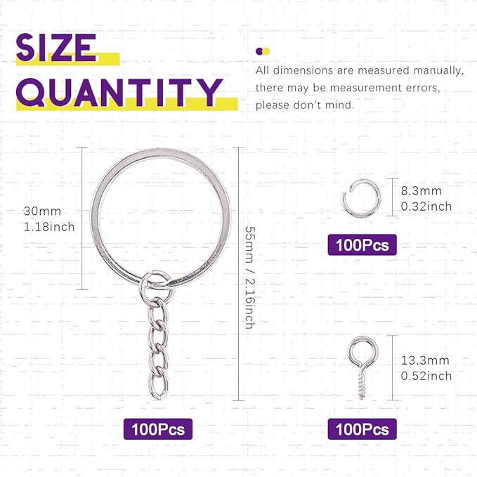 Swpeet 300Pcs 6/5 Inch 30mm Sliver Flat Key Chain Rings Kit, Including 100Pcs Split Keychain Rings with Chain and 100Pcs Jump Ring with 100Pcs Screw Eye Pins Bulk for Jewelry Findings Making