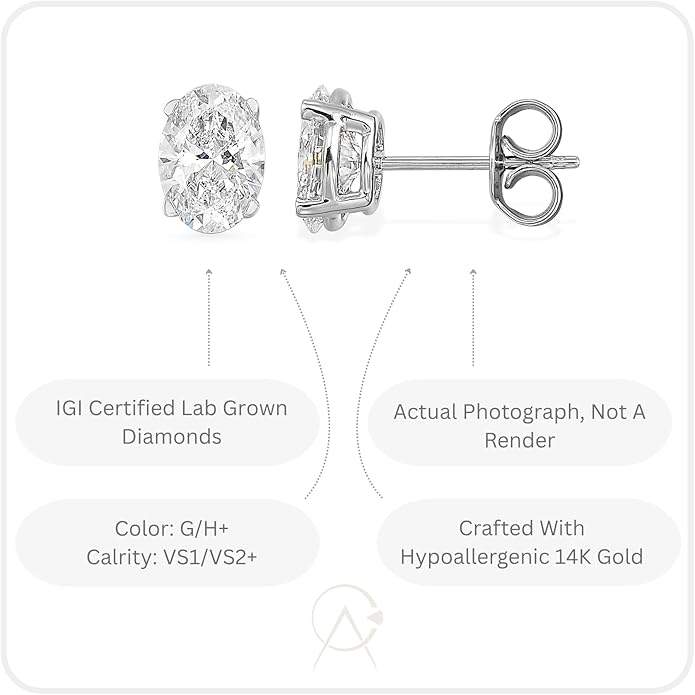 2/3 to 2 Carat Lab Grown Diamond Oval Stud Earrings for Women in 14k White or Yellow Gold (G-H Color, VS1-VS2 Clarity, cttw) 4-Prong Setting Push Back Studs by Carbon Atelier