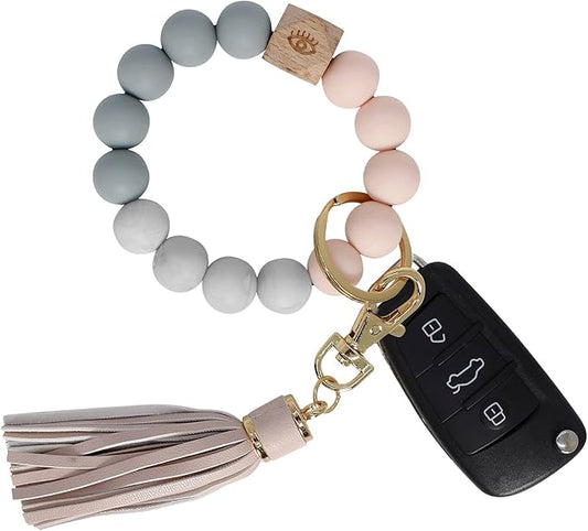 BIHRTC Key Ring Bracelet Car Keychain Holder Wristlet Silicone Women Beaded Bangle Chains
