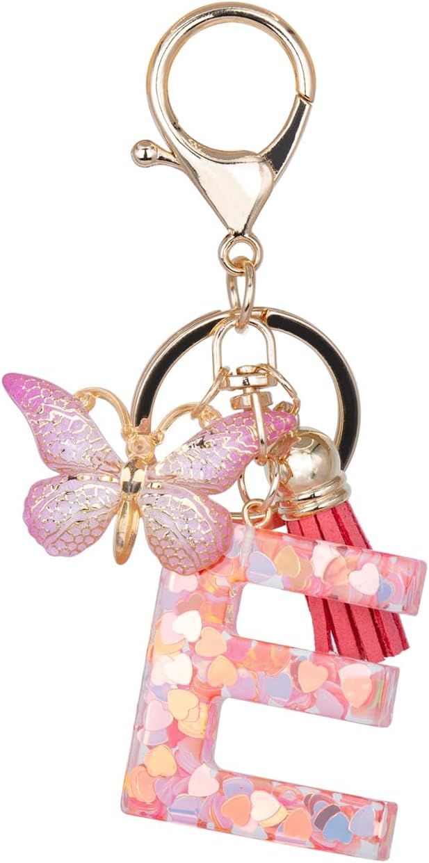 Initial Keychain Cute Pink Resin Letter and Butterfly Charms Keychains for Backpack Purses