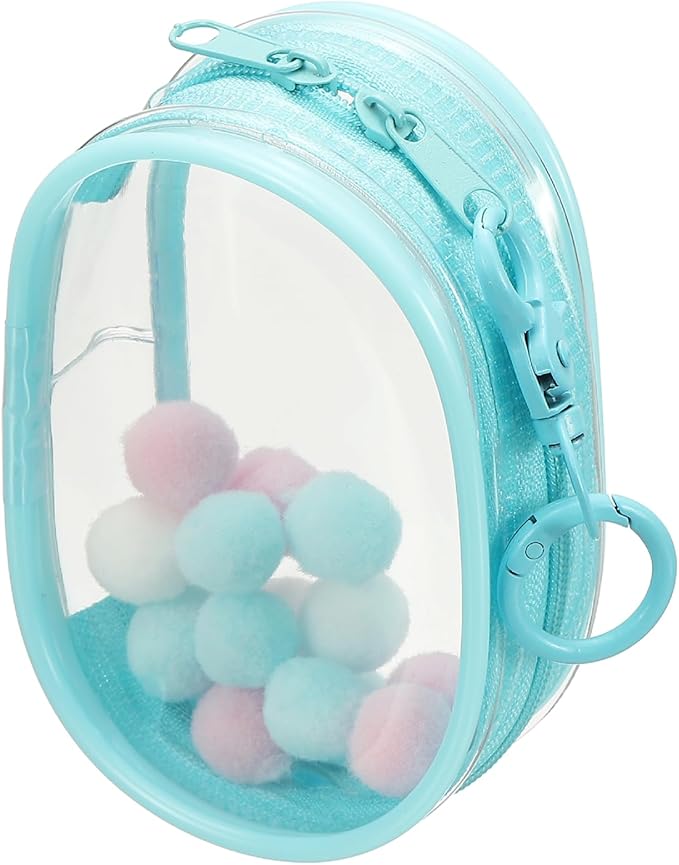 uxcell 4 Inch Clear Figure Display Bag, Mini Clear Pouch Waterproof Coin Pouch with Keychain and Pom Poms for Blind Box Doll Display (Round, Sky Blue)