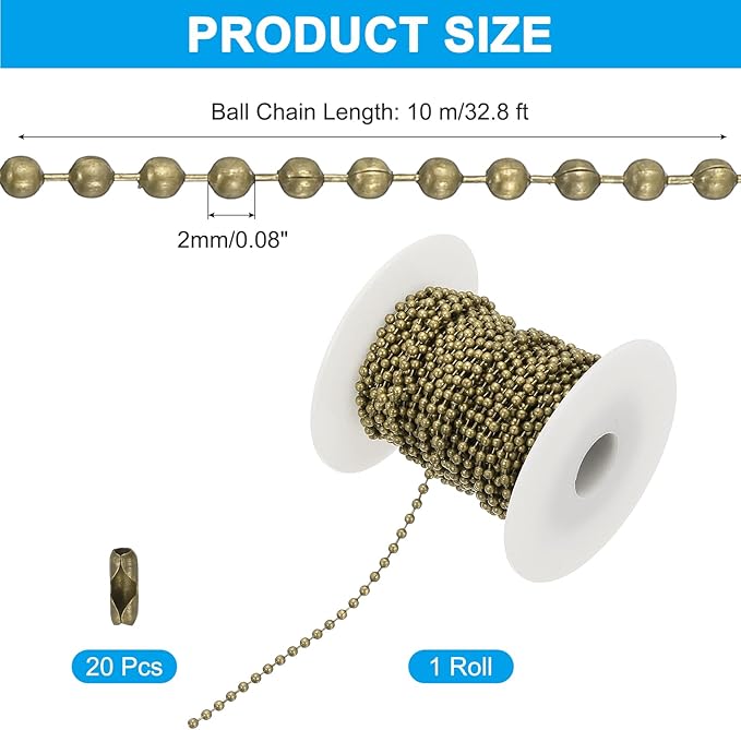 PATIKIL 10m/32.8ft Beaded Ball Chain, 2mm Stainless Steel Pull Chain Extension with 20 Pcs Connectors for Tag Chain, Keychain Rings, DIY Crafts, Bronze