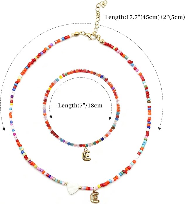 I IHAYNER Colorful Beaded Initial Necklace and Bracelet Set for Girls Personalized Letter Jewelry Gifts Trendy Choker Necklace Matching Bracelet Birthday Friendship Gift