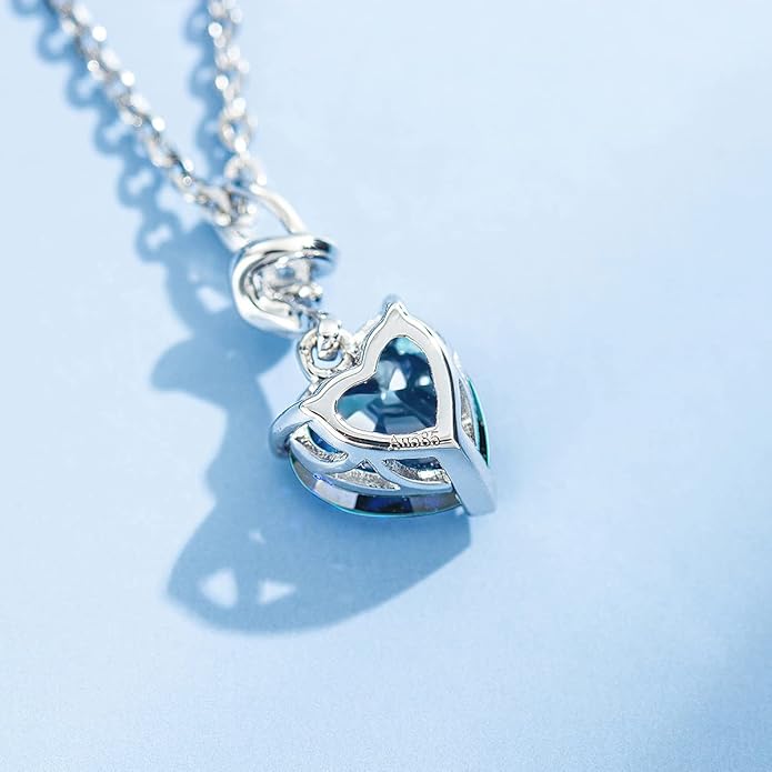 AGVANA Christmas Gifts 14K Solid White Gold Diamond Gemstone Pendant with Sterling Silver Chain 8mm Heart Birthstone Necklace Fine Jewelry Anniversary Birthday Gifts for Women Mom Wife