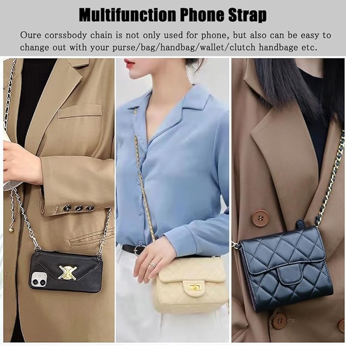 Phone Crossbody Chain Cell Phone Lanyard,Universal Leather+Metal Shouder Strap with Phone Tether Patches (B)
