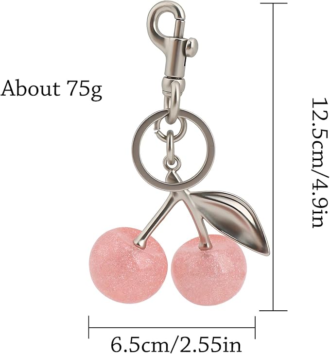 Cherry Keychain for Purse - Resin Alloy Silver Cherry Bag Charm，Cute Fruit Accessory for Women/Gift/Home/Car