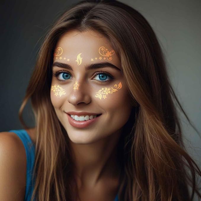 12 Pcs Gold Face Temporary Tattoo Sticker, Glitter Metallic Face Tattoo Stickers, Glitter Freckles, Sparkle Makeup Patches Freckle Tattoos for Women Party Decor 650