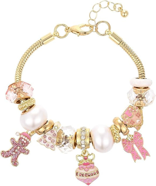 Madison Tyler Christmas Bracelet for Women | Xmas Adjustable Snake Chain Bracelet | Peppermint Candy Cane Gingerbread Man Bow Gloves Socks Charm Pearl Beaded Bracelet Holiday