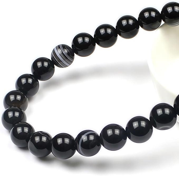 MJDCB Natural Black Striped Agate Round Loose Beads for Jewelry Making DIY Bracelet Necklace (8mm)