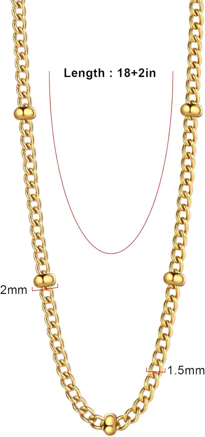 24PCS Gold Curb Satellite Necklace for Jewelry Making 1.5MM 18k Gold Plated Stainless Steel Curb Link Chains Bulk for DIY Necklace
