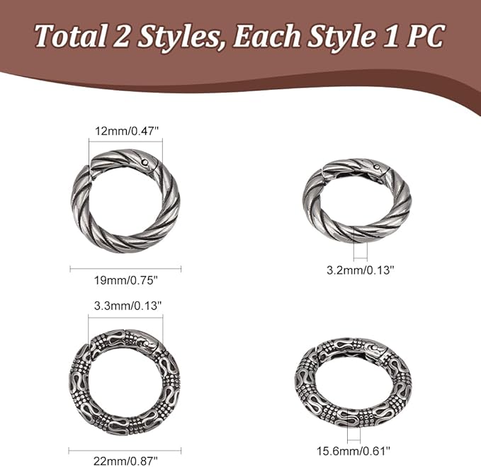 UNICRAFTALE 2pcs 2 Styles Tibetan Style Spring Gate Rings Antique Silver Stainless Steel Textured Snap Clasps 19/22mm O Ring Clips Snap Hooks Keyring Buckle Clasps for Bag Purse Shoulder Strap