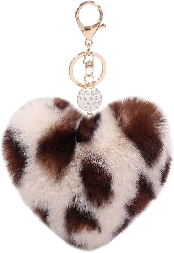 Women's Heart Faux Fur Pom Pom Key Chains Bag Accessory Puffball Keyring Backpack Charms for Girls