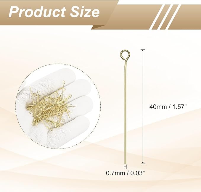 HARFINGTON 100pcs Open Eye Head Pins 1.57" 40mm Mini Metal Wire Eye Pins Beading Small Needles Bulk for Earring Pendant Necklace Bracelet Charm Jewelry Making Findings DIY Craft, 14K Gold