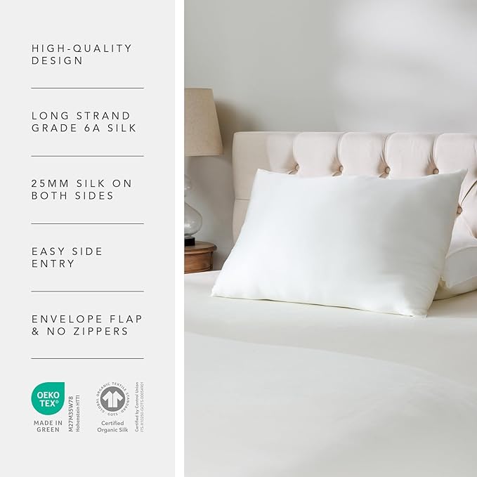 Fishers Finery 25mm 100% Certified Organic Mulberry Silk Pillowcase (Natural Undyed White, K, 2 PK)