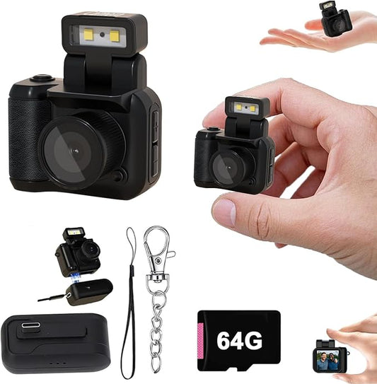 Retro Snap Camera，Mini Nostalgic Vintage View Tiny Snaps Keychain Digital Photo Camera，Llavero Mini CáMara Retro，1080p Hd with Led Flash Light(64G)