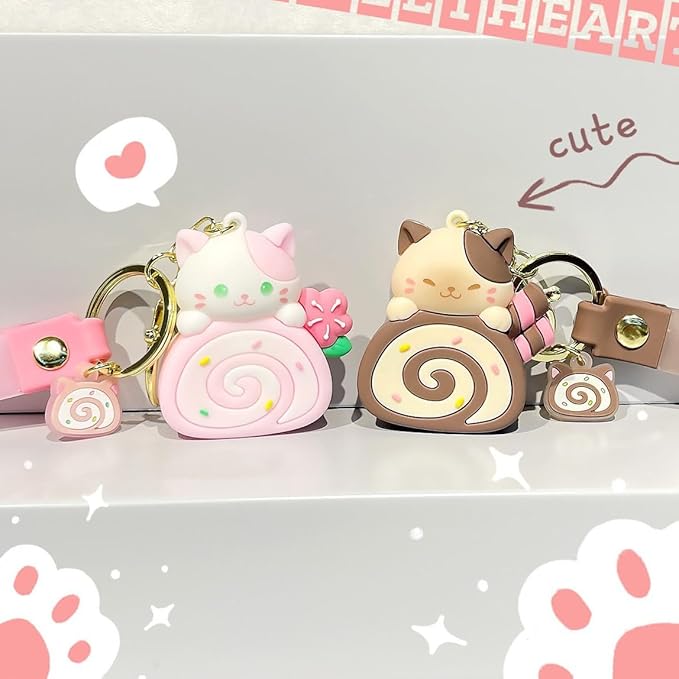Girly Super Cute Lovely Pink Brown Swiss Roll Bread Cake Cat Kitty Panda Keychain Key Ring Bag Charm Pendant