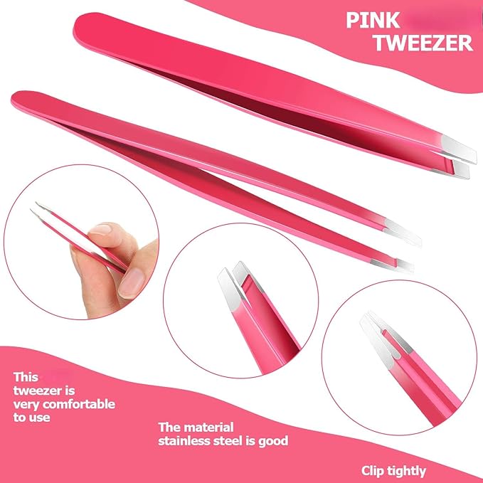 Mudder 12 Pcs Eyebrow Tweezers Set for Facial Hair Stainless Steel Slanted Tip Tweezers in Bulk for Men and Women (Rose Red)