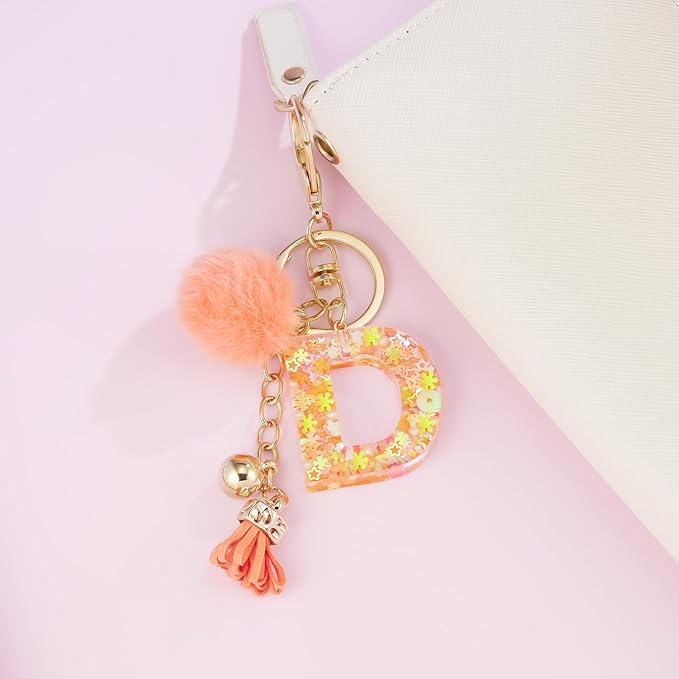Resin Alphabet Initial Letter Keychain Keyring for Women Purse Handbags With Fur Ball Pom