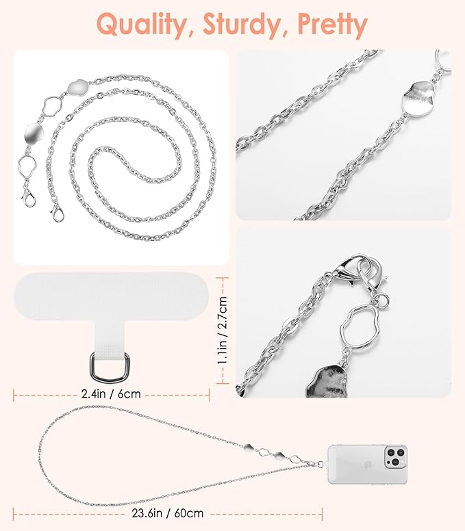 MoKo Universal Phone Lanyard, Metal Cell Phone Chain Crossbody Strap Anti-Theft Detachable Women Cellphone Lanyards Around The Neck with Patches for iPhone, Most Smartphones - Silver