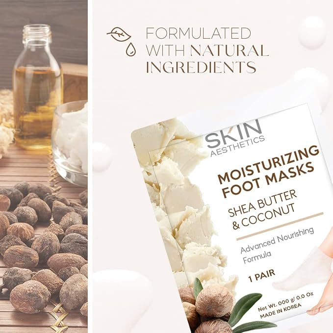 Skin Aesthetics Shea Butter & Coconut Foot Masks - Moisturizes & Repairs Cracked Feet, Hydrating & Exfoliating - Dermatologist Tested Korean Skincare - Clean Beauty, Cruelty-Free - 3 Pairs