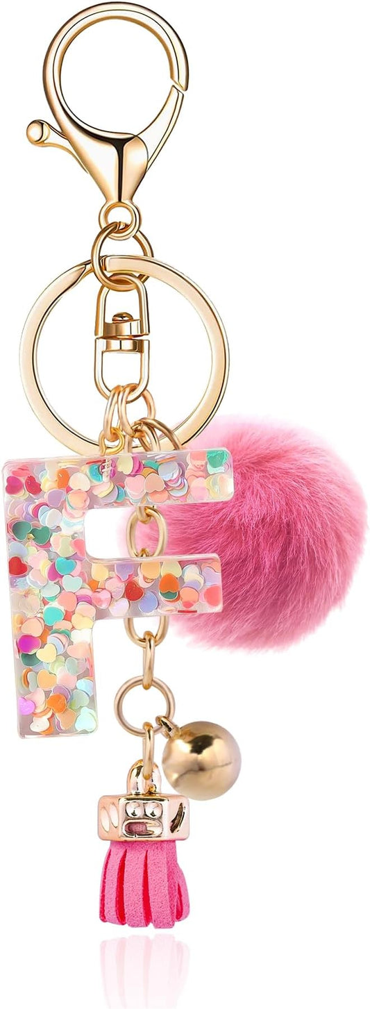 Resin Alphabet Initial Letter Keychain Keyring for Women Purse Handbags With Fur Ball Pom