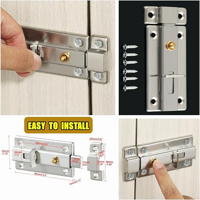 Alise Slide Bolt Gate Latch,Spring-Automatic Barrel Bolts Latches Safety Door Lock,Gate Hardware for Inside Door Fence Toilet Barn Pet Doors,Stainless Steel Bolt Latches,Brushed Finish,MS3000-LS