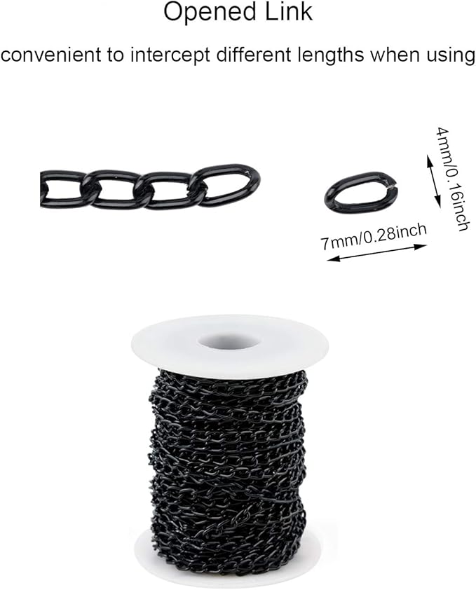WUBOECE 11 Yards Aluminum Curb Chain Link with Spool, 4mm Width Twisted Cross Necklace Finding Chains in Bulk for DIY Crafts, Jewelry Making Supplies, Black
