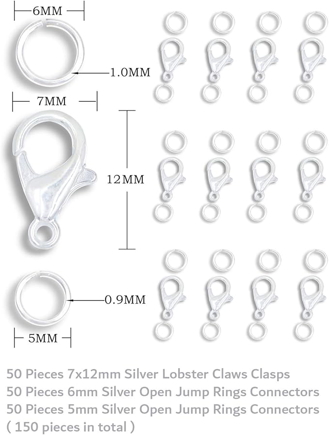 AD Beads 50 Pieces Lobster Claws Clasps Plus 100 Pieces 6mm Match Color Open Jump Rings Suitable for Necklace Bracelets Jewelry (7x12mm, Silver)
