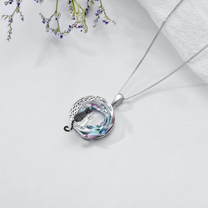 TOUPOP Cat Gifts for Cat Lovers One Two Three Four Cats Necklace Sterling Silver Cats on the Moon Pendant Necklace with Blue Circle Crystal Birthday Christmas Celtic Jewelry Gifts for Women