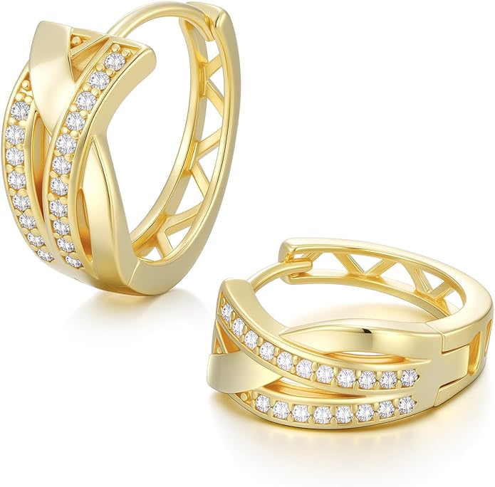 14K Gold Plated Hoop Earrings 14 Karat Gold Plated Earrings for Women Thick Small Diamond Hoop Earring X-shaped Hoops Earring for Women 20MM