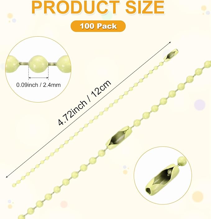 M METERXITY 100-Pack Ball Beads Chain, 4.7 in Metal Beaded Necklace Adjustable Keychain with Connectors for Jewelry Making/DIY Crafts/Hanging Decoration, Dog Tag Chain [Light Yellow]