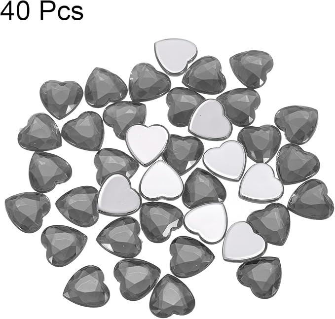 MECCANIXITY 40 Pcs Acrylic Heart Rhinestone 12mm Flat Back Plastic Gems Jewelry Stickers for Craft Bead Face Painting Costume Jewelry Making, Transparent Grey