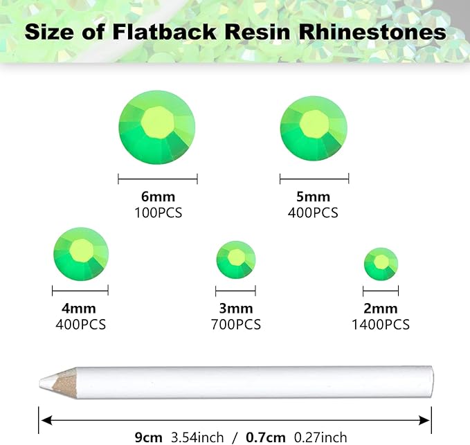 3000PCS Resin Flatback Rhinestone, 2mm 3mm 4mm 5mm 6mm Peridot AB Flatback Jelly Resin Rhinestones for Tumblers, Mugs, Bottles, Craft Decoration, Bling Glitter Gem Stone, Light Green AB