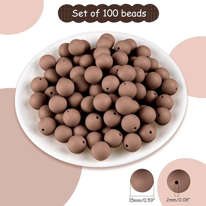 ASTARON 100 Pcs 15mm Silicone Beads for Keychain Making, Coffee Brown Round Rubber Beads for Bracelets Beadable Pens Decorations Crafts Making Party Favours Supplies