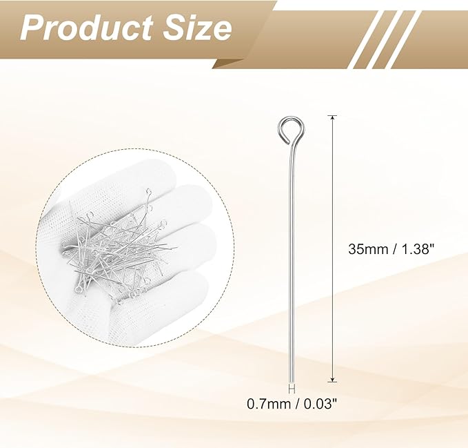 HARFINGTON 100pcs Open Eye Head Pins 1.38" 35mm Mini Metal Wire Eye Pins Beading Small Needles Bulk for Earring Pendant Necklace Bracelet Charm Jewelry Making Findings DIY Craft, Silver Tone