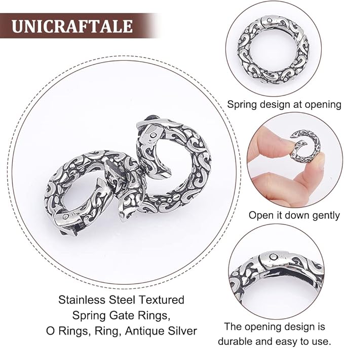 UNICRAFTALE 2Pcs Tibetan Style Spring Gate Rings Stainless Steel Textured Snap Clasps 6 Gauge O Ring Clips Snap Hooks Spring Keyring Buckle Clasps for Bag Purse Shoulder Strap Key Chains