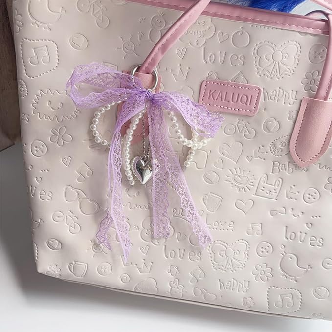 Pearl Bow Keychain Cute Y2k Lace Bowknot Keychain Coquette Aesthetic Accessories Bag Purse Handbag Backpack Charm