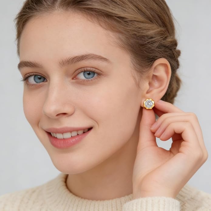 Cubic Zirconia Stud Earrings for Women | Rose Cut Simulated Diamond Earrings in 14K Gold Plated Sterling Silver Posts | Hypoallergenic Vintage Style | Wedding, Luxury Gift for Her