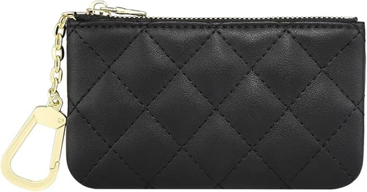 Premium Genuine Full Grain Leather Mini Coin Purse Keychain Pouch Card Holder for Men Women (Black Quilted - LG)