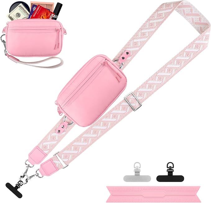 Clip and Go Strap for Phone with Wallet Crossbody, Adjustable Phone Lanyard with Detachable RFID Wristlet Wallet, Pattern Strap, Pink(M)