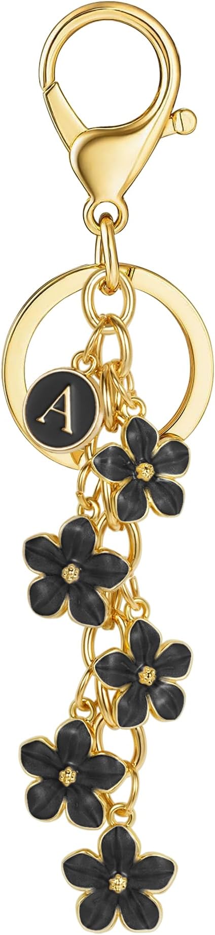 XGALBLA White Pink Black Cute Initial Letter Keychain for Women, Flower Bag Charms Enamel Keyring for Handbag Backpack