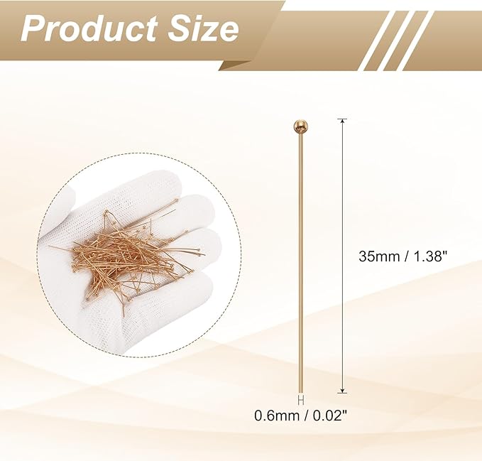 HARFINGTON 100pcs Ball Head Pins 1.38" 35mm Round Head Pins for Earring Pendant Necklace Bracelet Charm Jewelry Making Findings DIY Craft, Champagne Gold