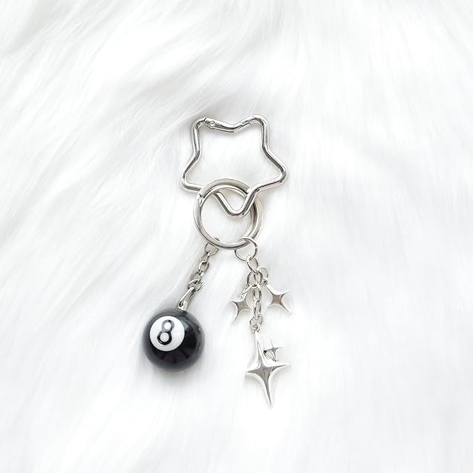 8 Ball Keychain Silver Star Key Chain Bottle Opener Dice Cute Bag Charm Decor for Handbag Backpack Gift for Him Her