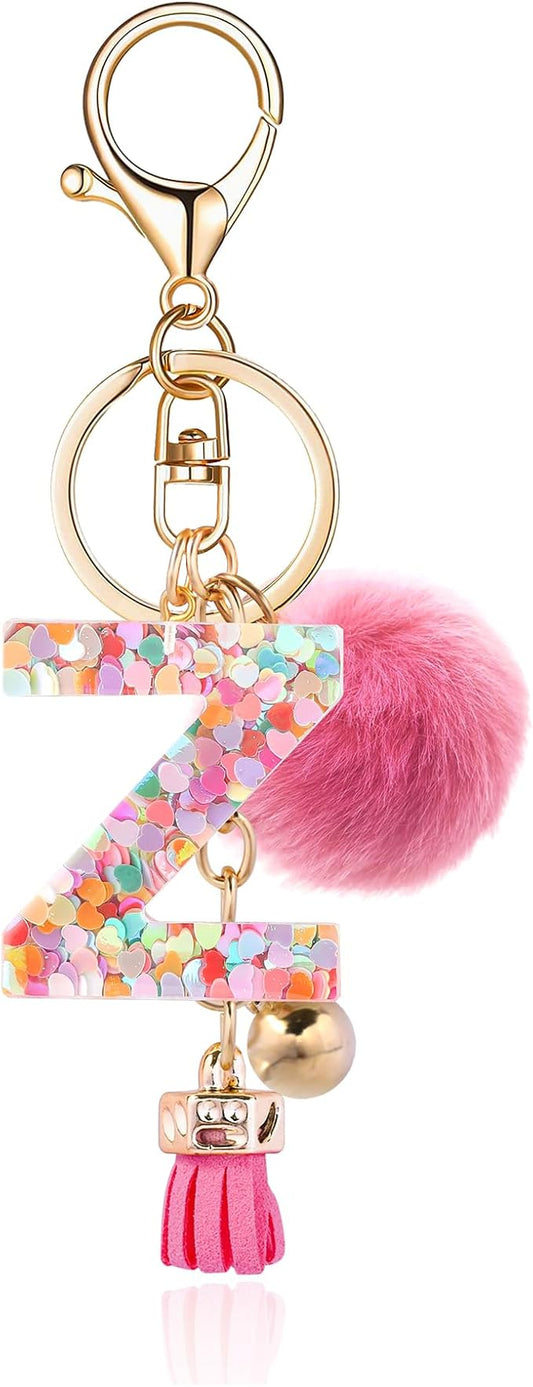 Resin Alphabet Initial Letter Keychain Keyring for Women Purse Handbags With Fur Ball Pom