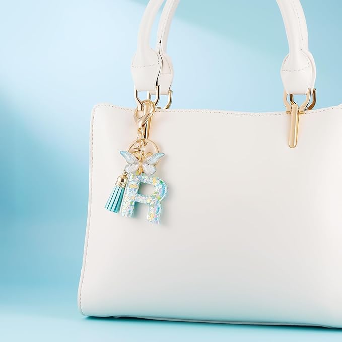 Fashion Alphabet Initial Letter Keychain Tassel Butterfly Pendant Key Ring for Purse Handbags Women Girl